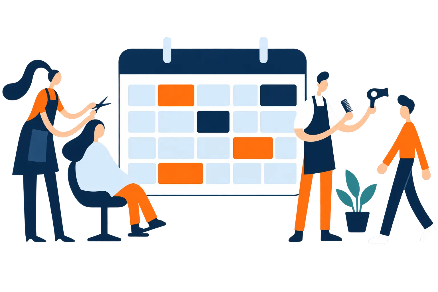 Ilustração de profissionais de beleza ao lado de uma agenda