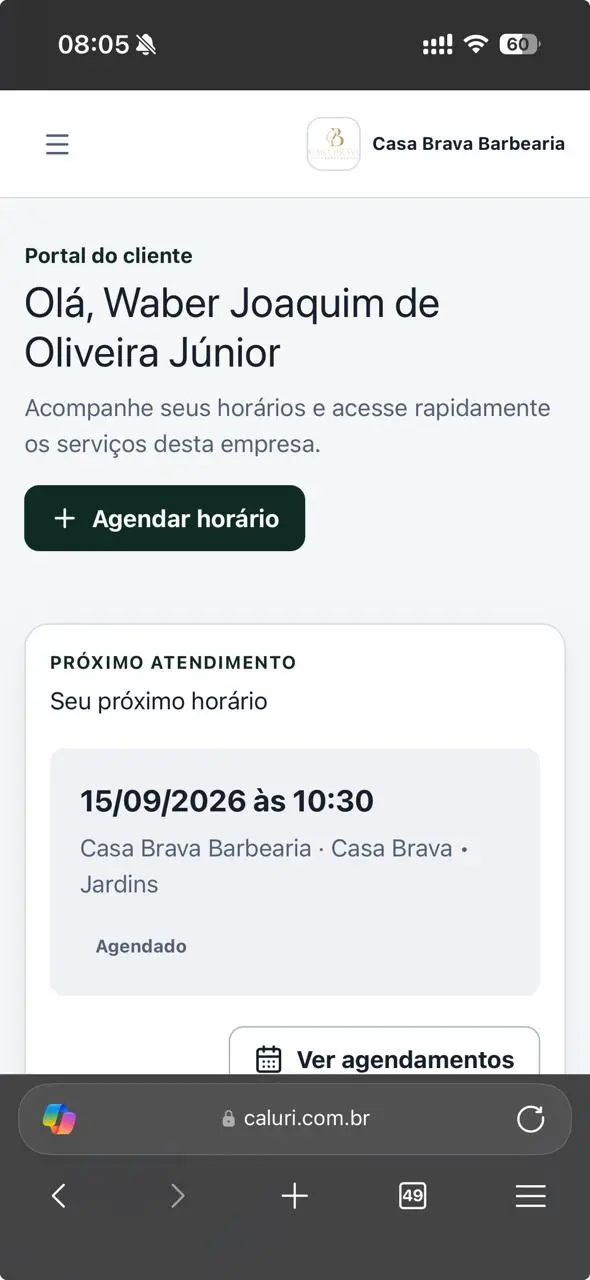Área do cliente com próximo horário e acesso a planos e notificações.